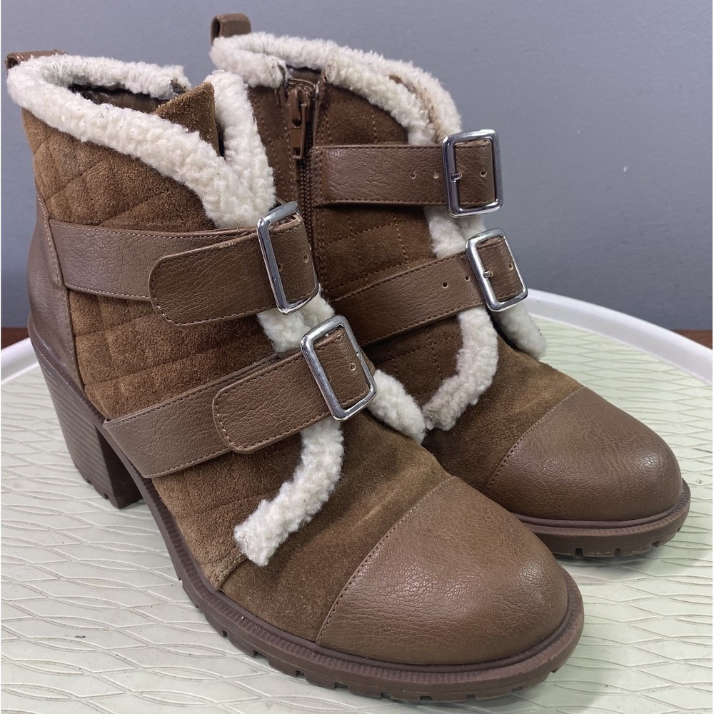Nine West Iskaro Womens Leather Brown Suede Bootie Ankle Boots Faux Fur Sz. 7.5M